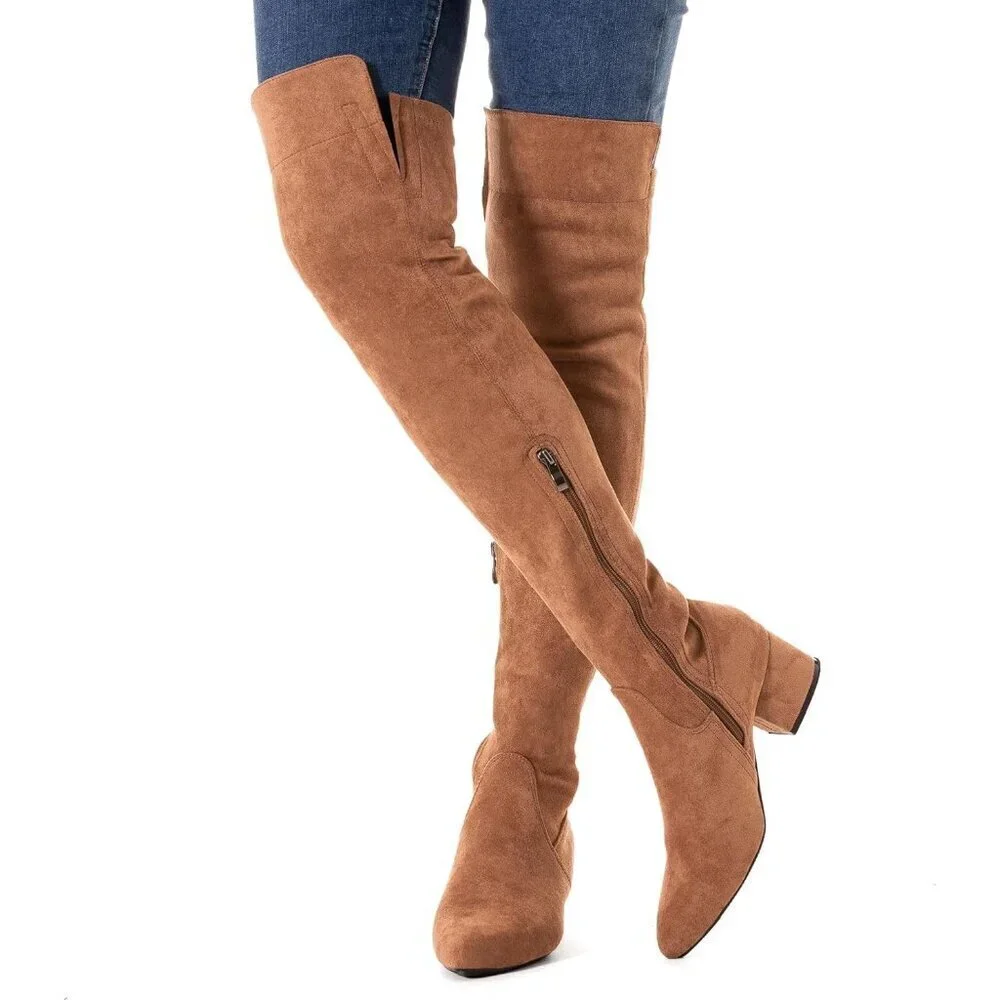 Women Brown\2 Ihch Suede Over the Knee Thigh High Chunky Block Heel Boots